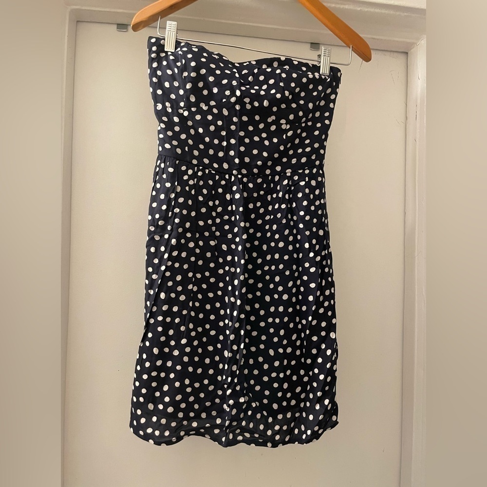 UK2LA Navy Blue and‎ white polka dot strapless dress size small